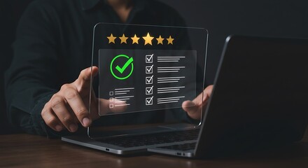 Person using laptop displaying five gold stars green checkmark checklist and rating feedback on a transparent screen