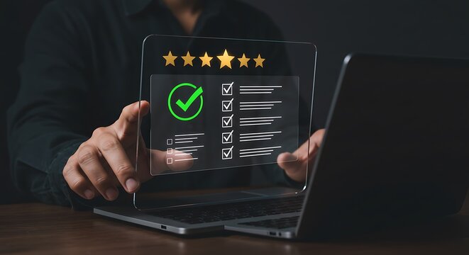 Person using laptop displaying five gold stars green checkmark checklist and rating feedback on a transparent screen