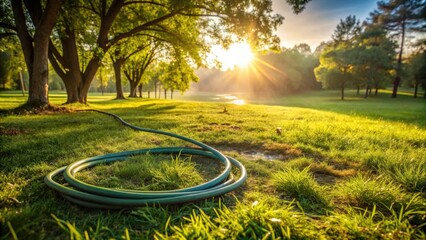 Serene Sunset Landscape Featuring a Garden Hose Resting on Lush Green Grass