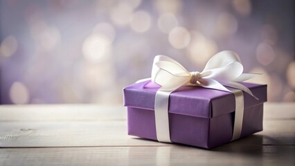 A Beautifully Wrapped Lavender Gift Box on a Light Wooden Surface with a Soft Bokeh Background