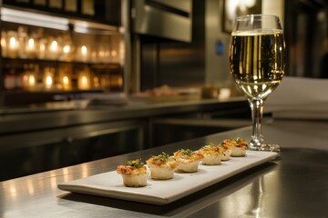 Elegant Mini Appetizers and Champagne Glass on Restaurant Counter