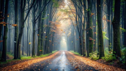Autumnal Pathway Through a Mystical Forest, Leaves Falling on a Wet Road, Sunbeams Illuminating the Canopy