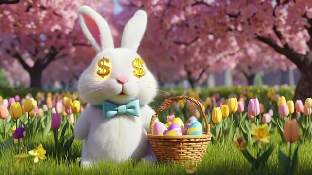 The Easter bunny with dollar sign eyes and a basket of eggs in a field of tulips and cherry blossom trees on a sunny spring day