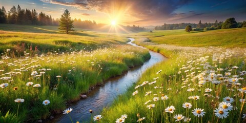 Serene Meadow Landscape Sunlit Stream Winding Through a Field of Daisies at Golden Hour