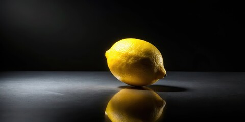 A single, ripe lemon rests on a dark, reflective surface, illuminated by a dramatic spotlight, creating a striking visual contrast.