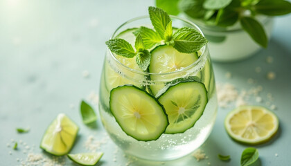 Close-up of a glass of cucumber and lime infused water garnished with fresh mint leaves.