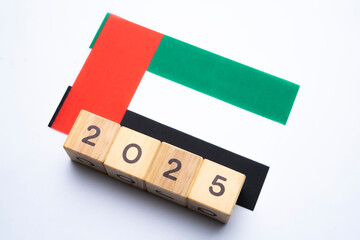 2025, United Arab Emirates flag with date block, Concept, Important events for United Arab Emirates the new year, election, economy, social activities, central bank