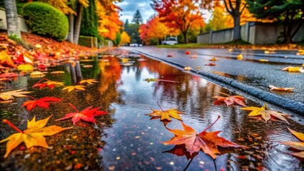 Autumnal Reflections in a Rainy Street Gutter Colorful Maple Leaves Floating in a Puddle, Mirroring the Vibrant Fall Foliage of Surrounding Trees