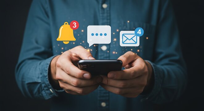 Person using smartphone with notification icons three new notifications bell icon four new messages email icon