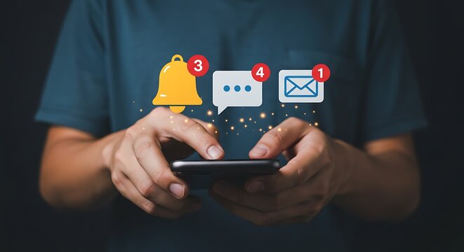 Person using smartphone with notification icons yellow bell three messages four chat bubbles one email message