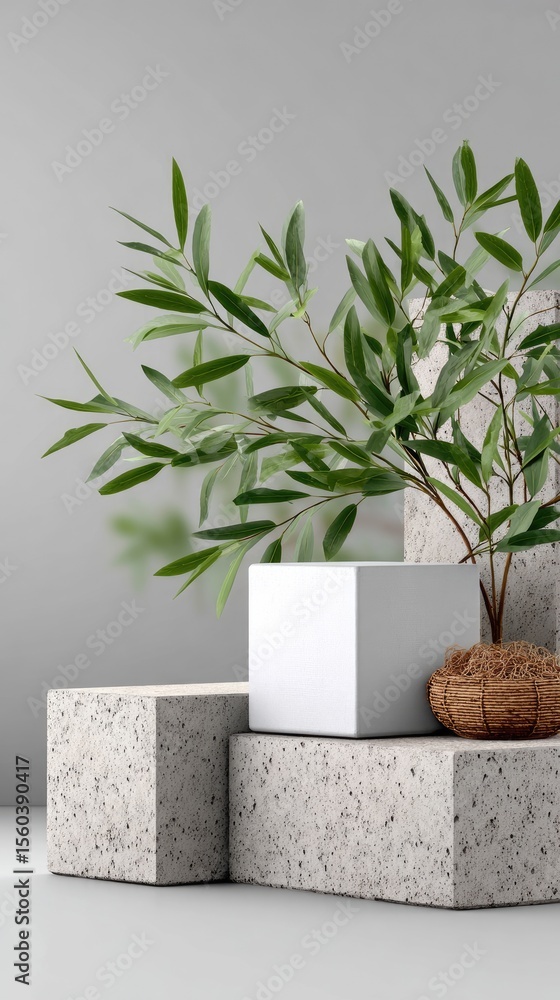Poster two square white boxes are stacked with greenery resting on top, situated on a concrete podium in a 