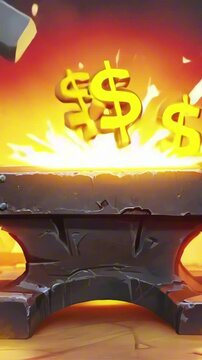vertical 9:16 Anvil striking glowing $ signs into shape with animated sparks and smoke, slow-motion cartoon-style metalwork
