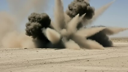 Explosion creating a large cloud of smoke and debris in a desert landscape during a military exercise