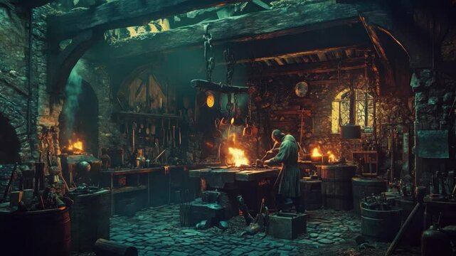 This video showcases blacksmith craftsmanship in a rustic workshop. Watch as sparks fly and tools are expertly utilized. A perfect visual for art and history enthusiasts. Generative AI