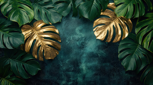 Abstract tropical foliage motted background in pastel muted green and gold colors, 