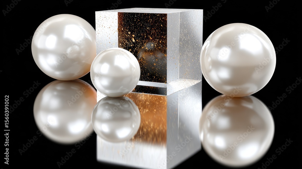 Poster three spheres of various textures and colors are artfully positioned in front of a cube, reflecting 