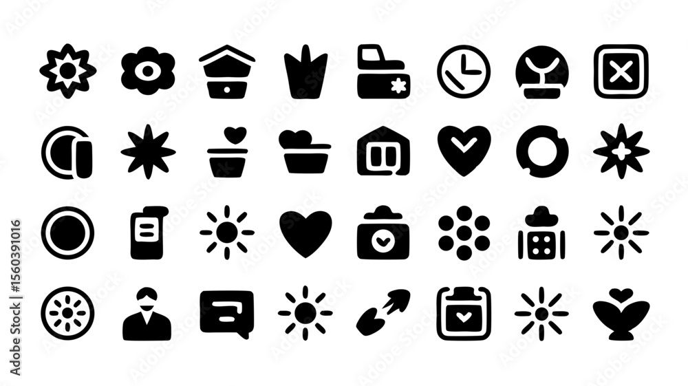 Poster collection of 30 black and white icons representing various everyday objects and symbols for user