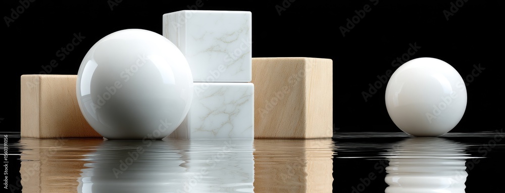 Poster three spheres of various textures and colors are artfully positioned in front of a cube, reflecting 