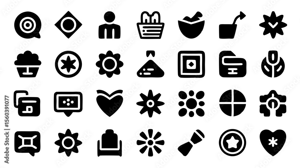 Poster collection of black and white icons representing various everyday objects and concepts
