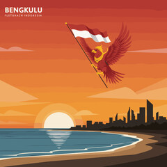 This vector image portrays the sunset over the Panjang Beach in Bengkulu, with the red bird carrying the Indonesian flag above the beach. 