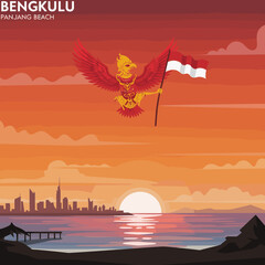 This vector image portrays the sunset over the Panjang Beach in Bengkulu, with the red bird carrying the Indonesian flag above the beach. 