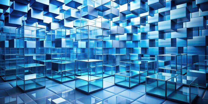 Abstract Blue Glass Cube Installation Modern Architectural Design Featuring Geometric Shapes and Reflective Surfaces