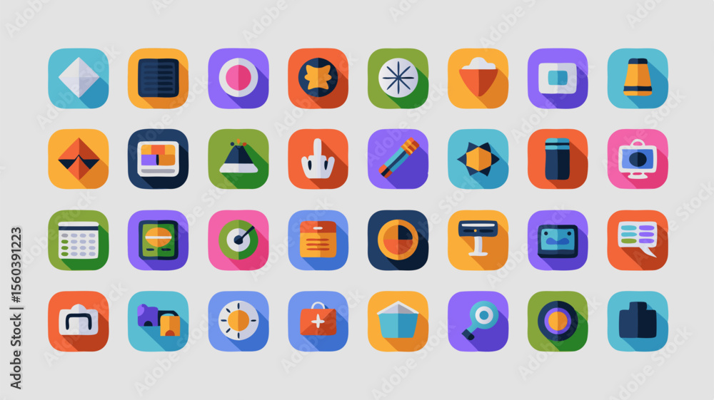 Poster colorful and diverse icon set representing various digital tools and applications