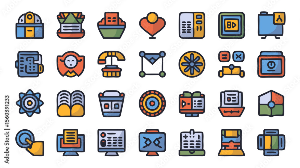 Poster digital icons representing communication technology and multimedia devices for user interface design