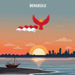 This vector image portrays the sunset over the Panjang Beach in Bengkulu, with the red bird carrying the Indonesian flag above the beach. 