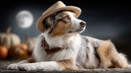 Fototapeta premium Adorable Australian Shepherd enjoys Halloween festivities with pumpkins and witch hats, highlighted by a beautiful moon overhead.