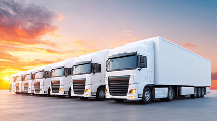 Fleet of white delivery trucks lined up in row on concrete surface during vibrant sunset with colorful sky and clouds