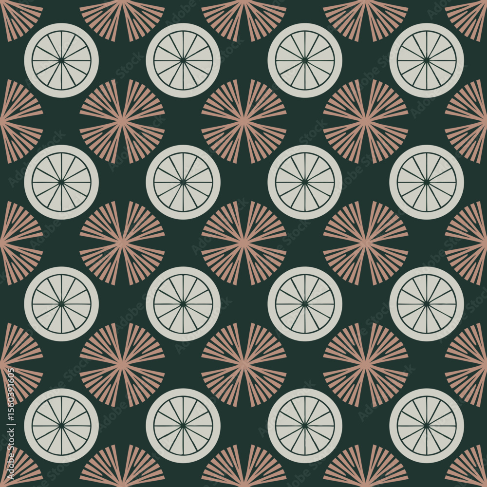 Poster seamless pattern featuring citrus slices and fan-shaped elements in a stylish design