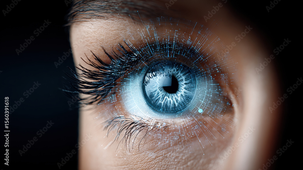 Poster close up of futuristic digital human eye with glowing blue iris and data elements, showing advanced 