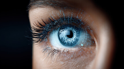 Close up of futuristic digital human eye with glowing blue iris and data elements, showing advanced technology and innovation