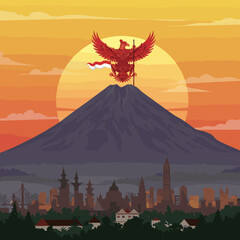This vector image shows the majestic mountain backdrop with the red bird soaring above, holding the Indonesian flag.