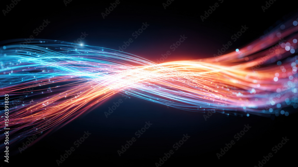 Aufkleber Glowing abstract fiber optic cable visualization with blue and orange light trails crossing dynamically on dark background