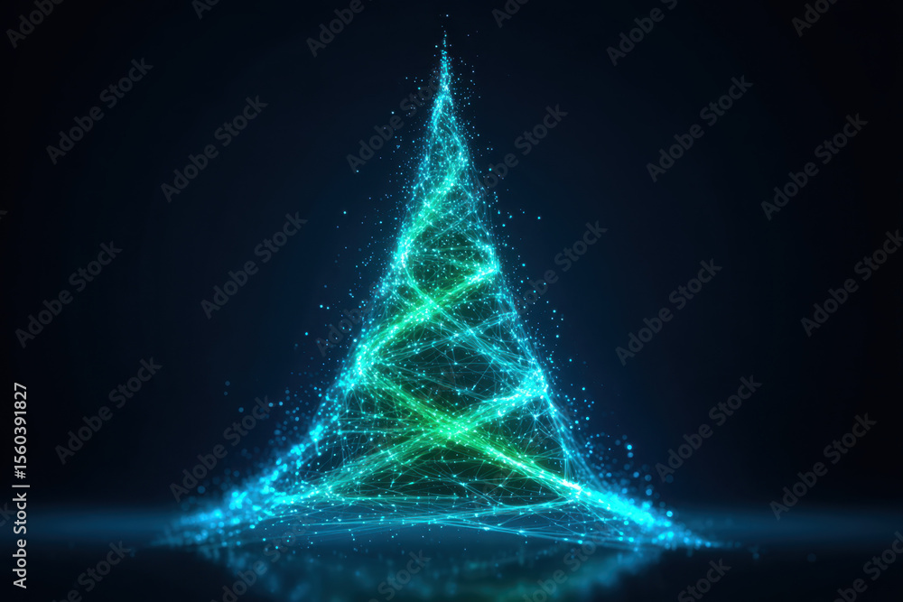 Aufkleber glowing abstract digital christmas tree with blue and green light particles creating festive and mag