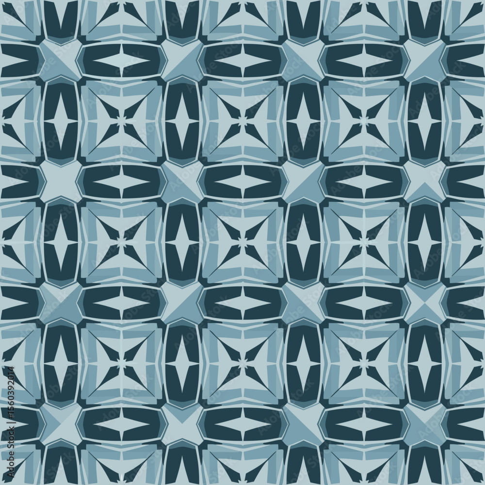 Poster intricate geometric tile pattern with symmetrical blue shades creating a mesmerizing design