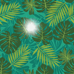 Vibrant tropical jungle with lush green leaves and sun rays filtering through the canopy