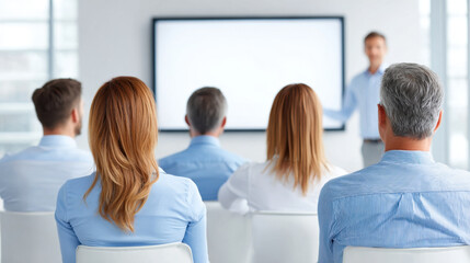Fototapeta premium Business team attentively watching presentation on large screen in bright modern office, showing focus and engagement