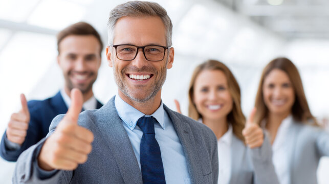 Happy business team giving thumbs up with confident smiles in bright modern office environment - Powered by Adobe