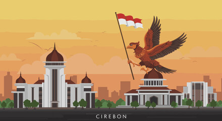 This vector image showcases the Cirebon city skyline with the red bird flying above, proudly holding the Indonesian flag.