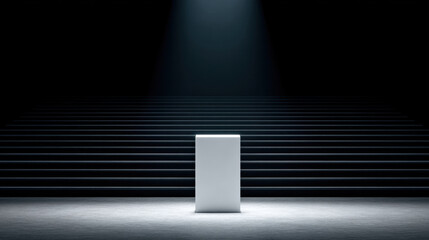 Clean minimalist podium illuminated by spotlight in empty dark auditorium with rows of stairs creating dramatic atmosphere