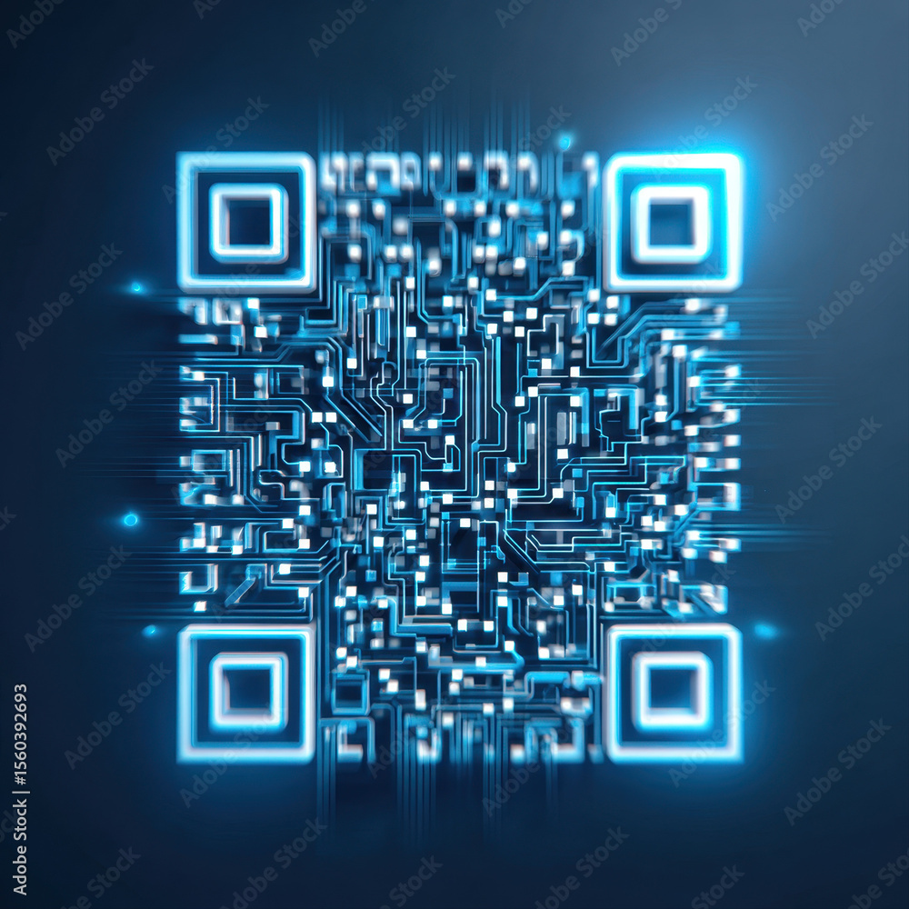 Poster Glowing blue QR code with futuristic digital circuit design, symbolizing technology and fast data scanning in dark background