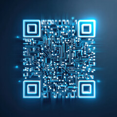 Fototapeta premium Glowing blue QR code with futuristic digital circuit design, symbolizing technology and fast data scanning in dark background