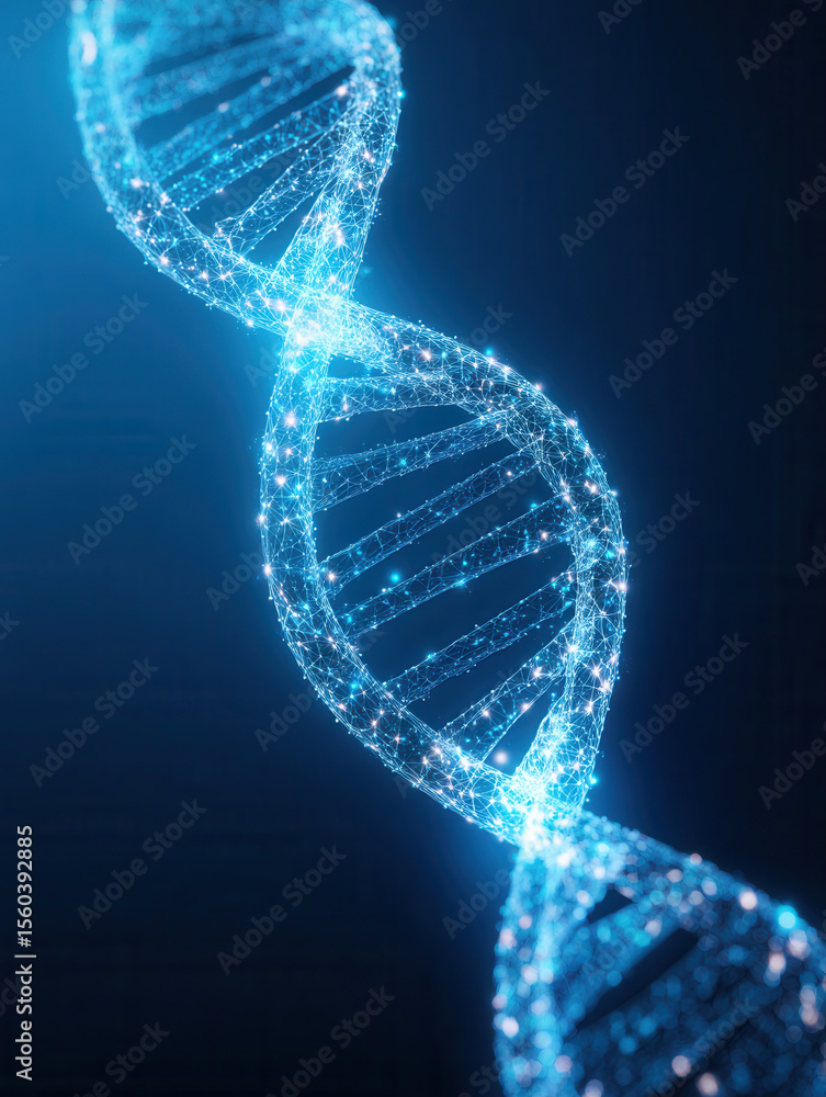 Aufkleber Glowing futuristic DNA double helix structure made of interconnected points and lines, symbolizing genetic science and technology
