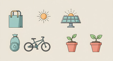 Obraz premium Minimal Flat Icons of Green Living – Solar, Bike, Reuse, Plant in Pastel Colors