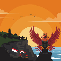 This vector image depicts a stunning sunset at a temple in Bali, with the red bird flying over the ocean while carrying the Indonesian flag. 