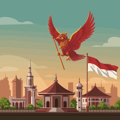 This vector image showcases the Cirebon city skyline with the red bird flying above, proudly holding the Indonesian flag.