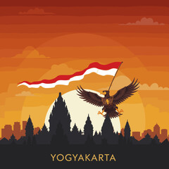 This vector image features a red bird flying over a silhouette of a temple complex with the Indonesian flag waving in the foreground.